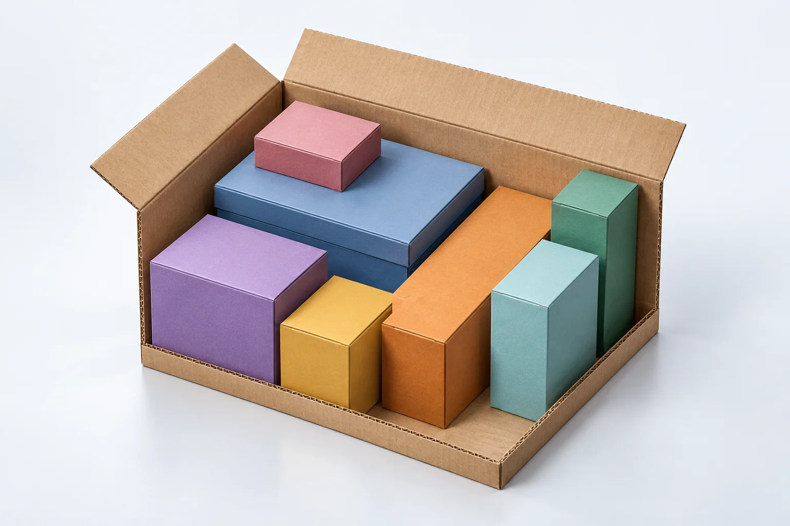 Ilustración realista de ocho paquetes diferentes: caja principal con libro y estuche apilados, artículo largo en el lateral, kit, accesorios y dos cartuchos altos en los espacios restantes.