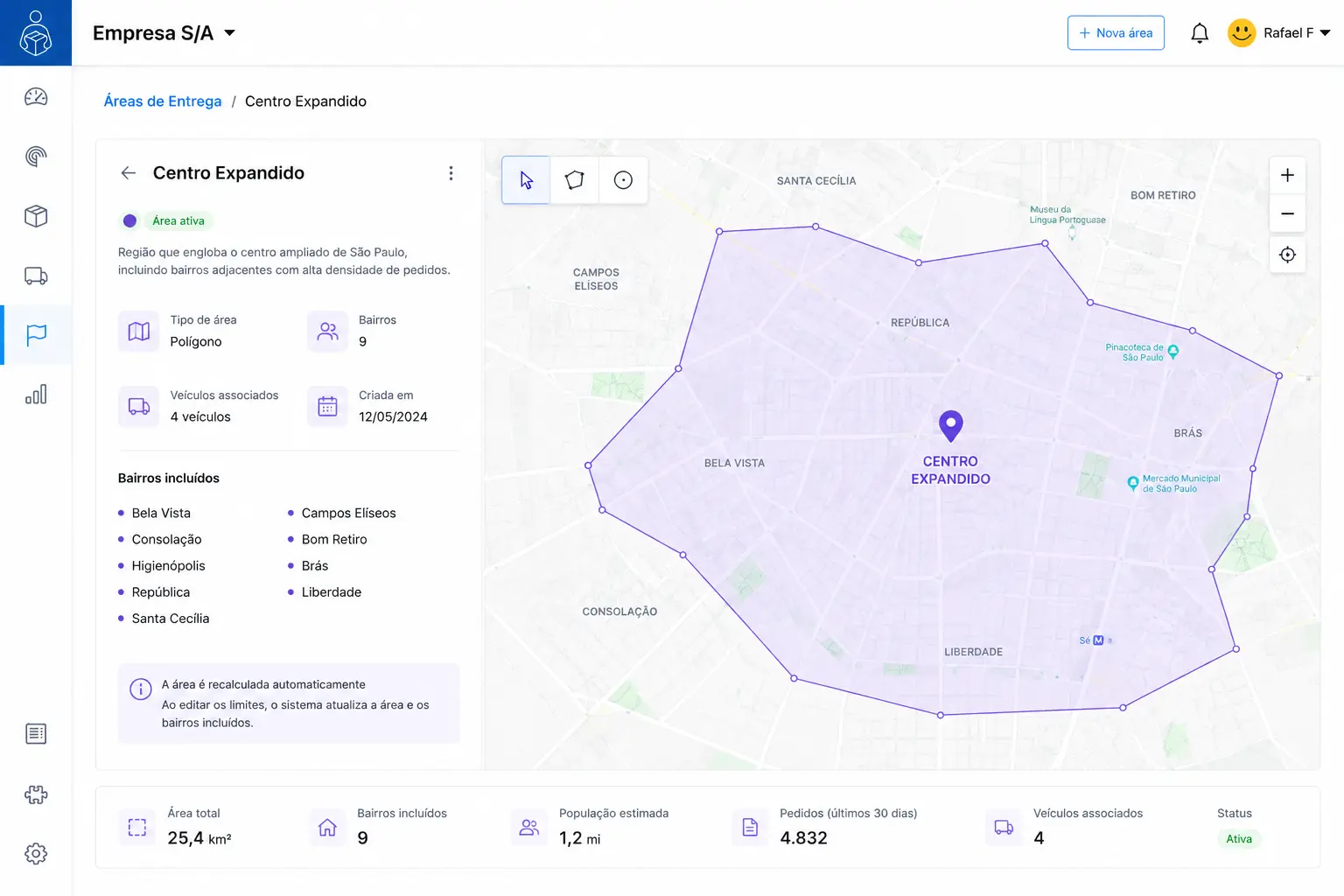 Interfaz Entregui para organizar áreas y rutas de entrega
